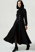 Black Wool Blend Hooded Maxi Coat - Military Style with Wide Waistband 1953