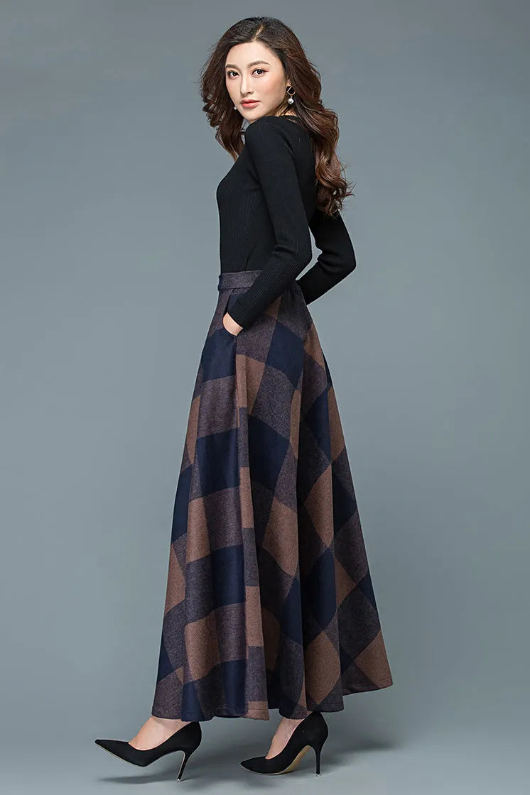 Plaid Wool Long Skirt - Full Flowy A-Line Silhouette 3947