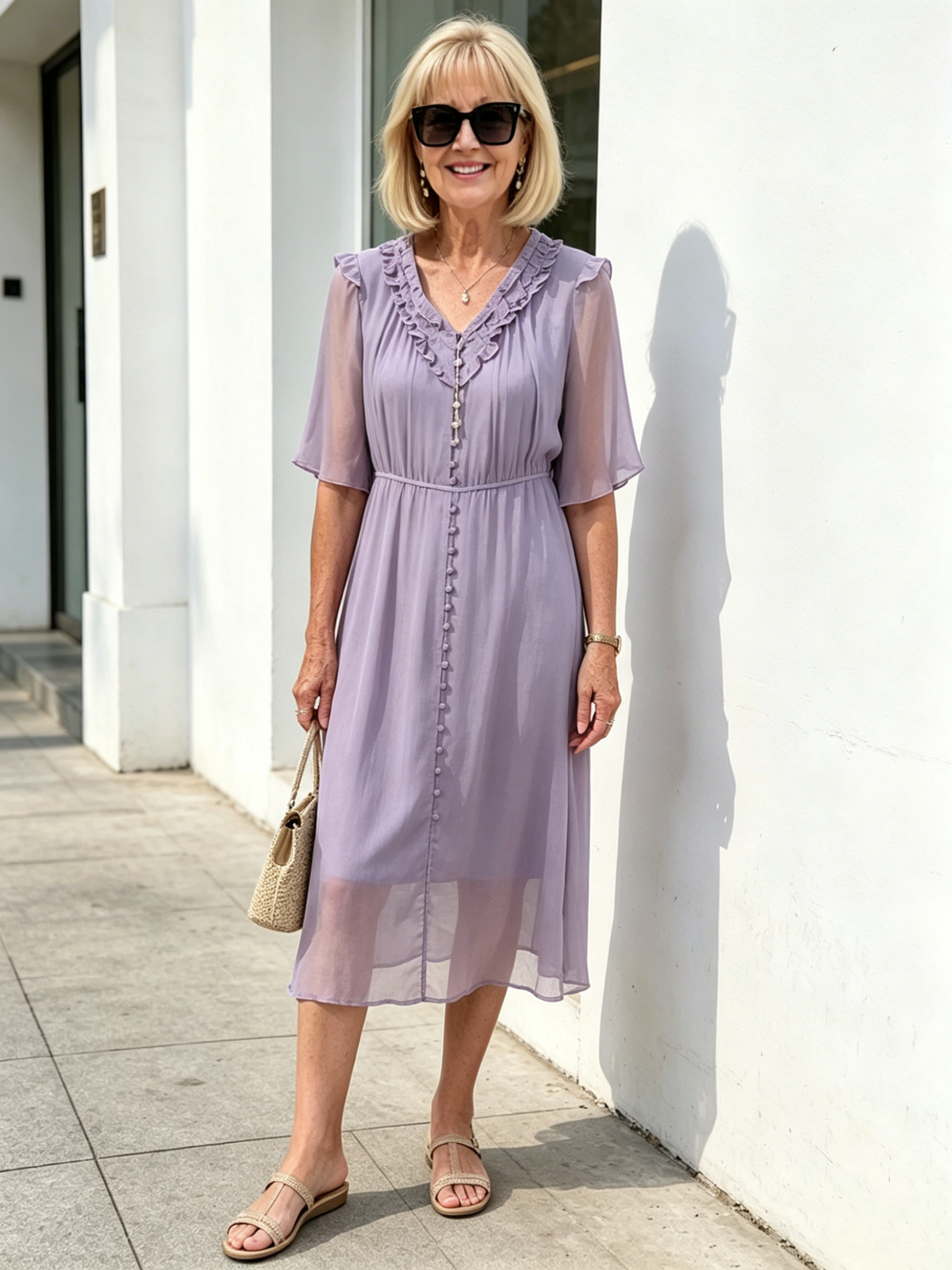 Lavender Ruffle V-Neck Chiffon Midi Dress, Elastic Waist Half Flutter Sleeve Button Detail Slimming Casual Dress for Mat