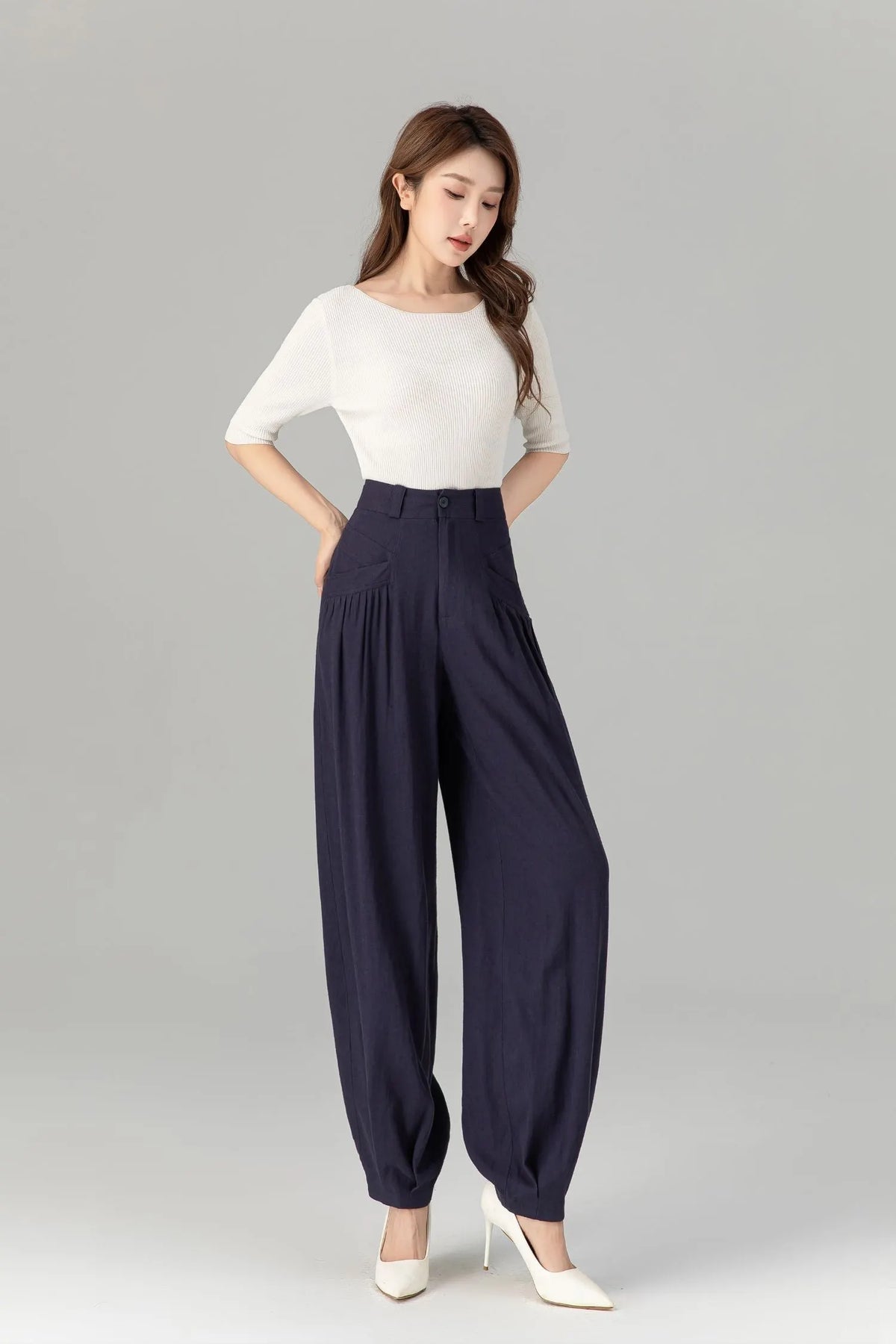 Navy Linen Wide Leg Pants - Loose Fit with Lantern Silhouette 4937