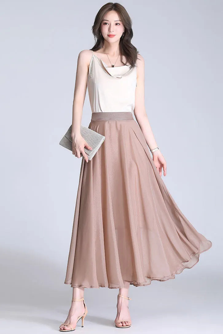 Emerald Green Chiffon Maxi Skirt - A-Line Silhouette, High Waist 3492