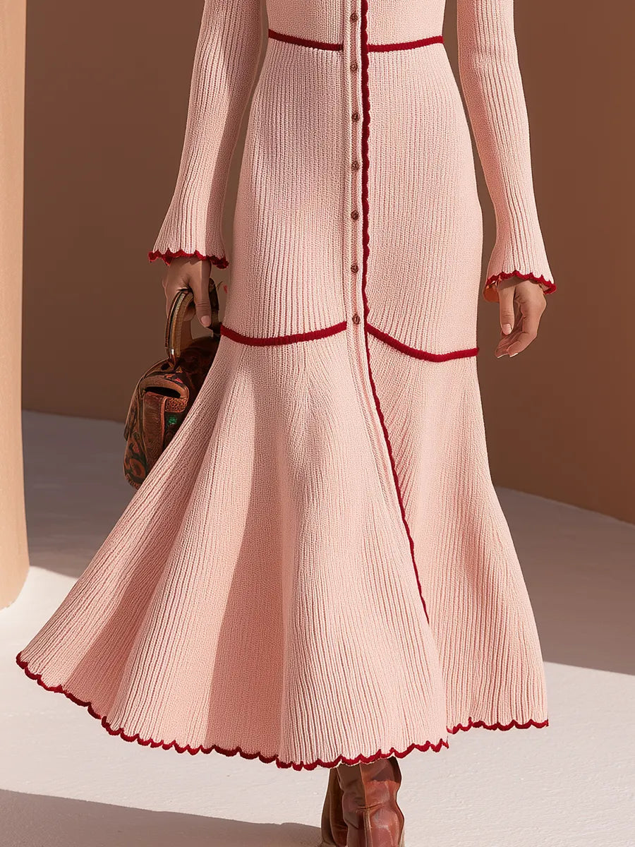 Old Money Vacation Contrast Trim Pink Knitted Maxi Dress