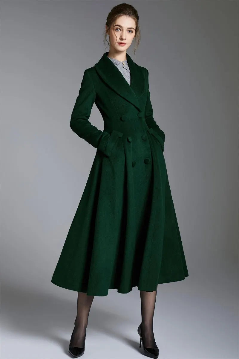 Elegant Wool Blend Coat – Double Breasted A-Line Long Overcoat 