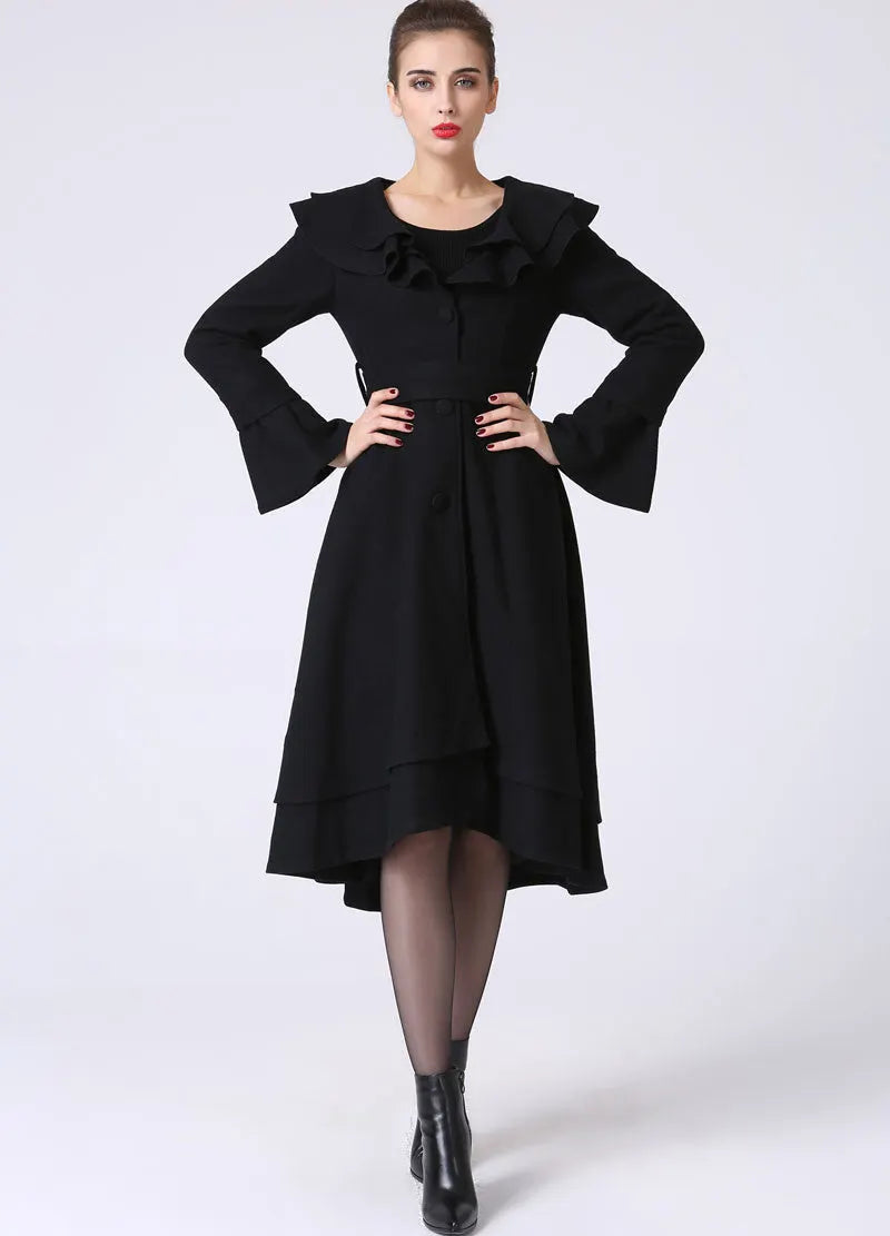 Black Wool Dress Coat – Elegant Ruffle Detail Belted Winter Coat 1062