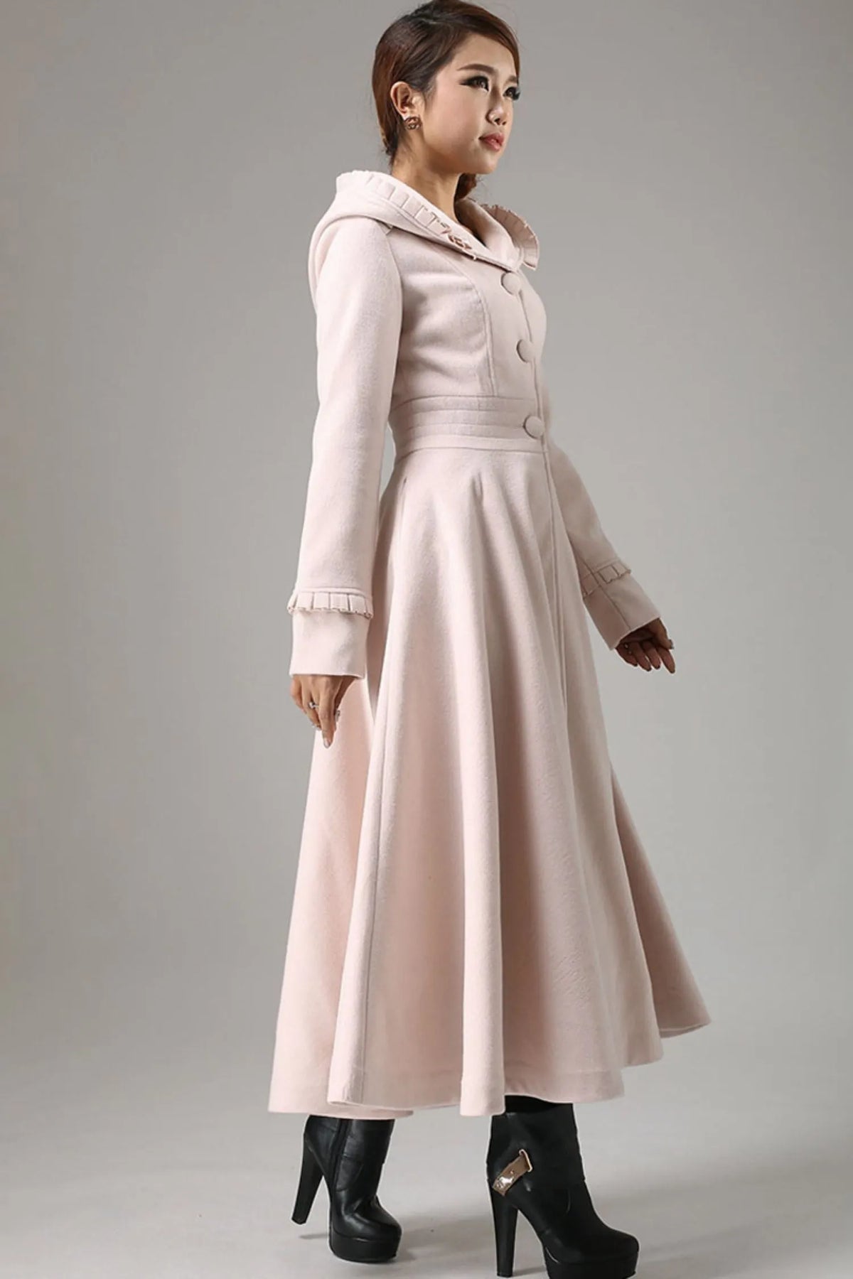 Vintage Pink Wool Blend Coat – Ruffle Hood Long Winter Coat for Women 