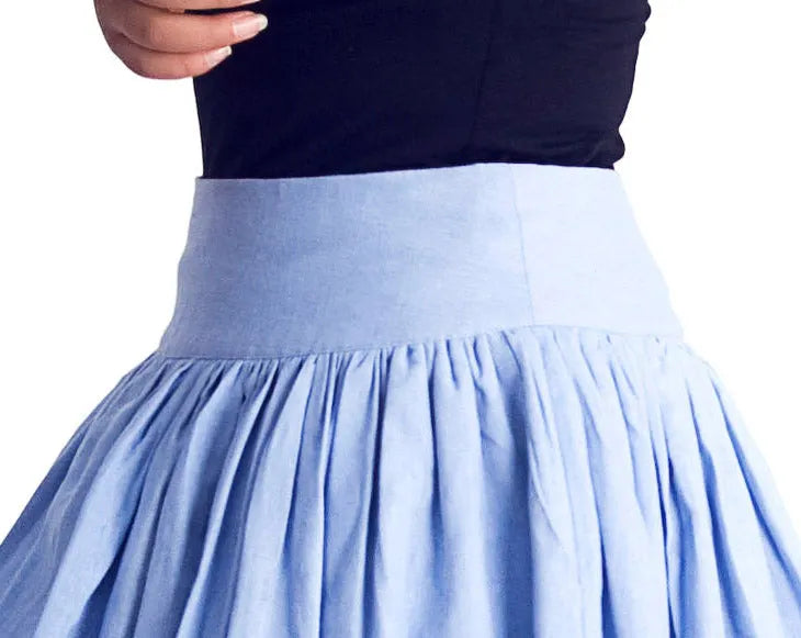 Handmade Blue Linen Cotton Skirt – Vintage Layered A-Line Maxi Skirt with Pockets 