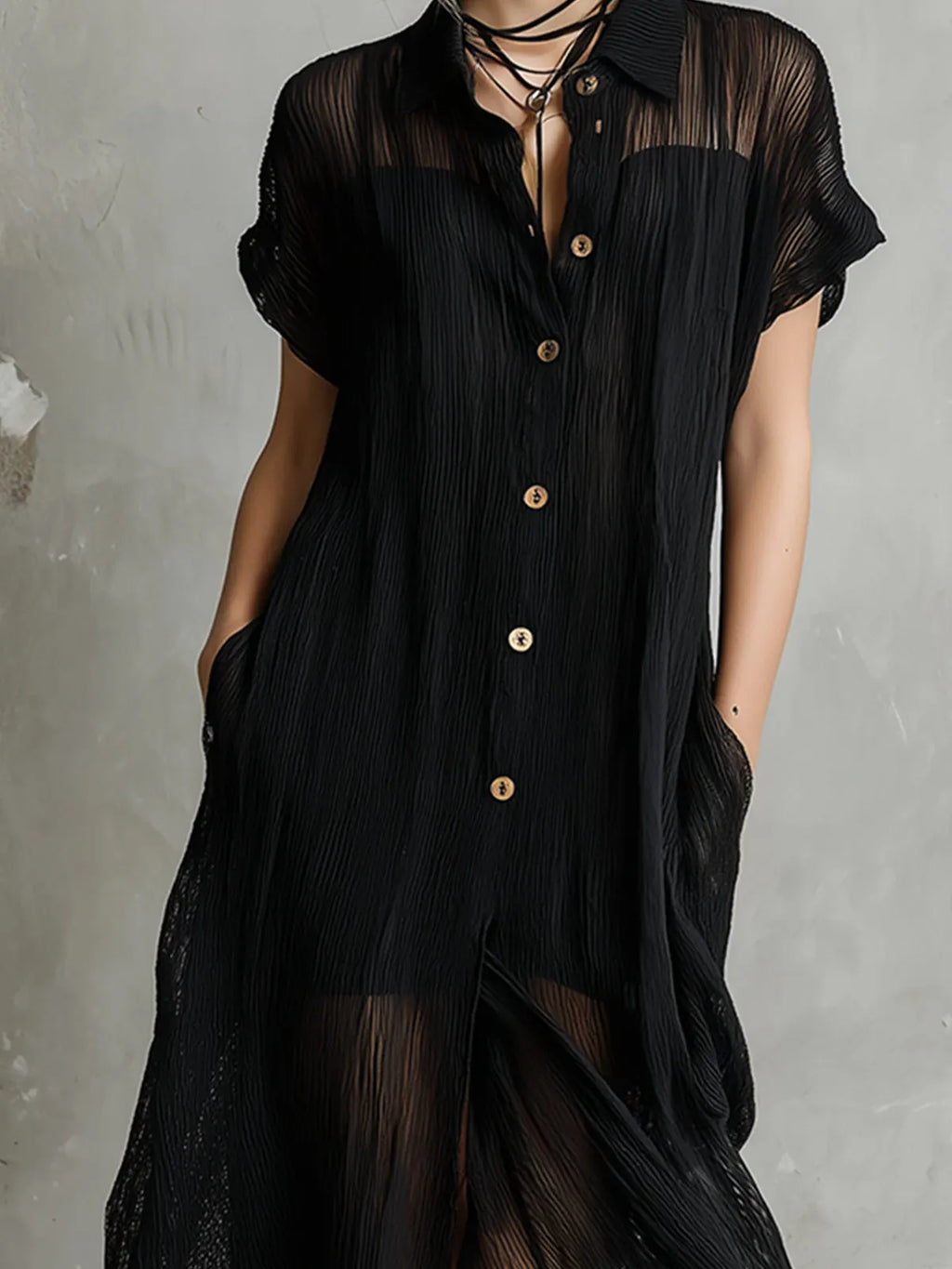Stylish black short-sleeved loose single-breasted dress with slip dress