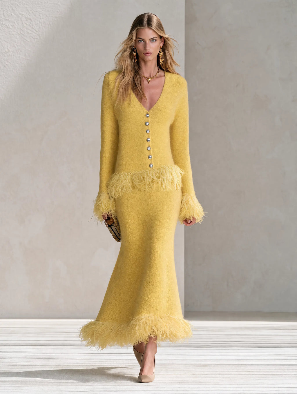 Retro-chic Yellow Knitted Skirt Set With Feather Fringe Details