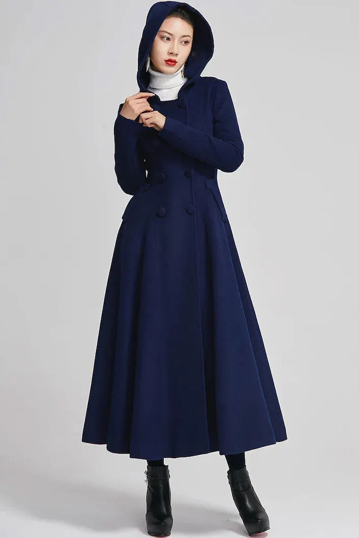 Blue Wool Coat - Double Breasted, Flared Winter Elegance 2250