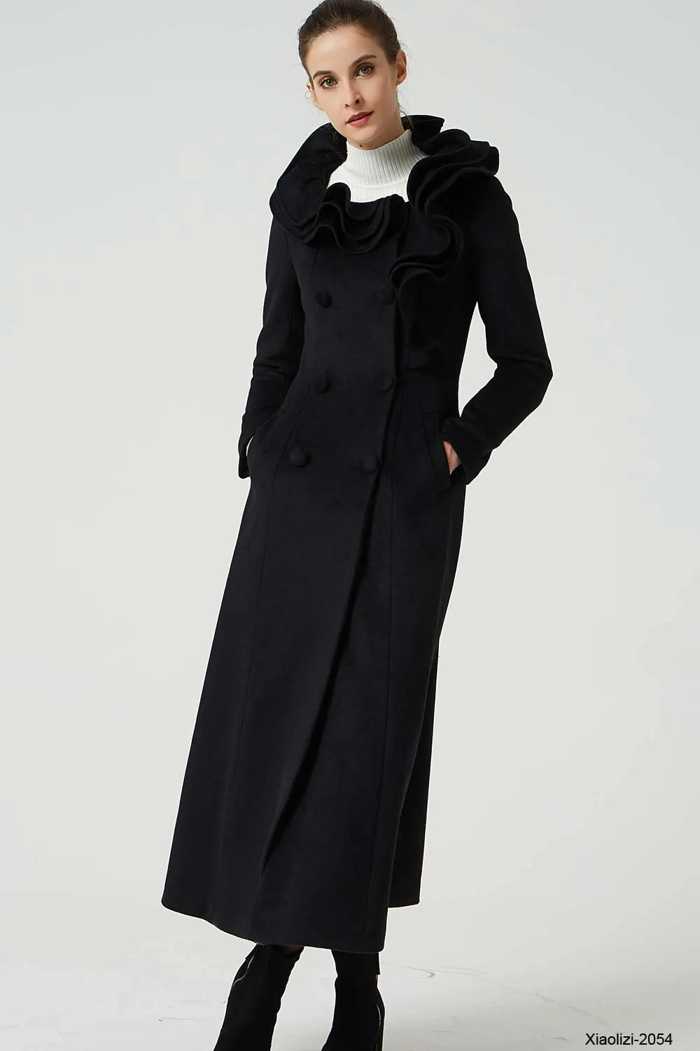 Xiaolizi Black Ruffle Collar Wool Coat for Women – Handmade Maxi Double-Breasted Winter Coat 2054