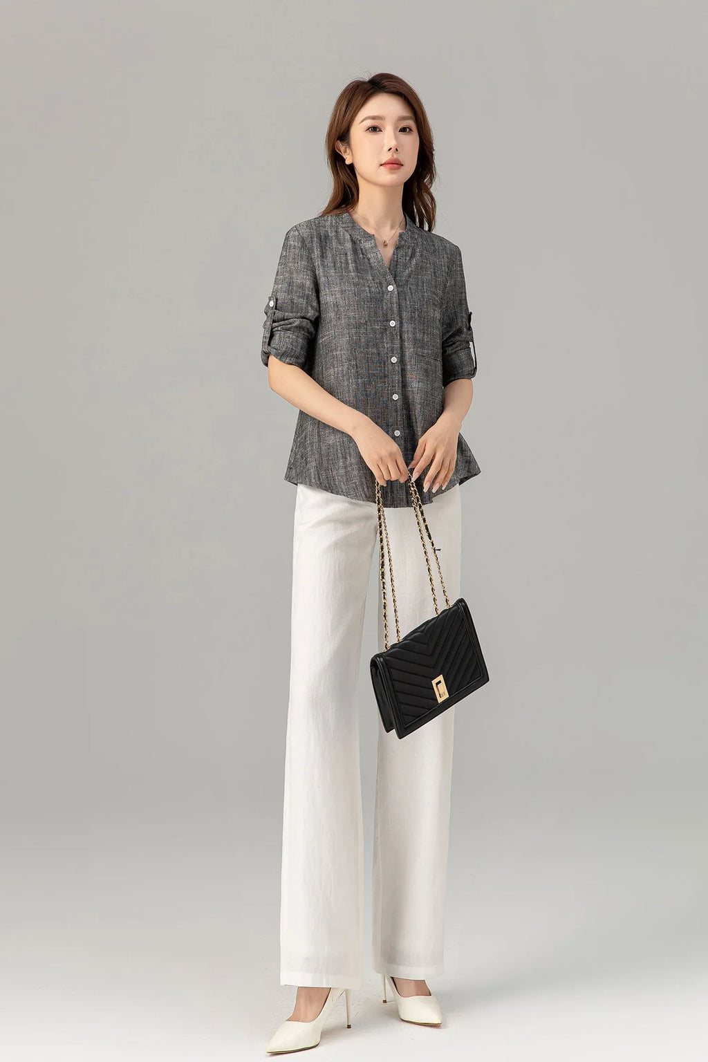 Charcoal Linen Blouse - Button-Down, Long Sleeve, Loose Fit 4915