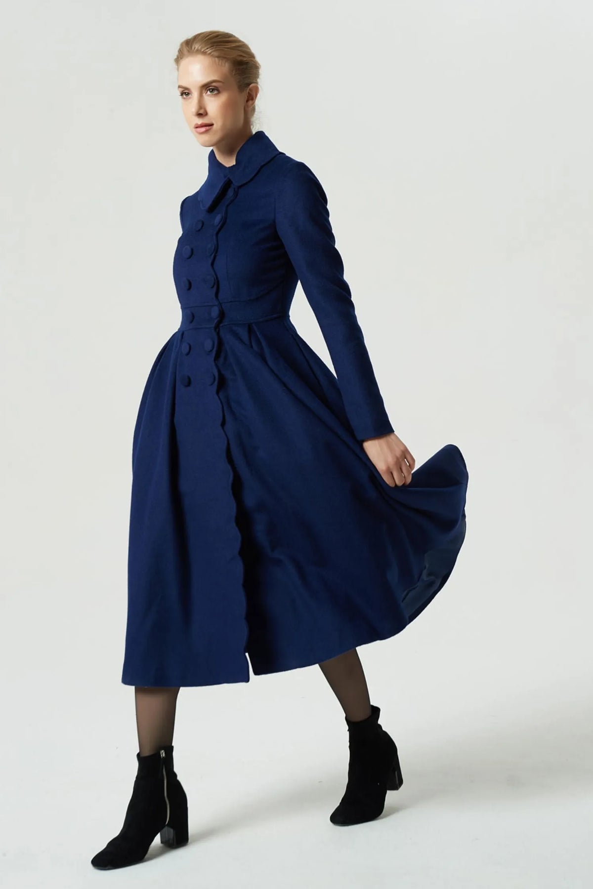 Handmade Navy Wool Coat – Vintage Princess Winter Maxi Overcoat 1971