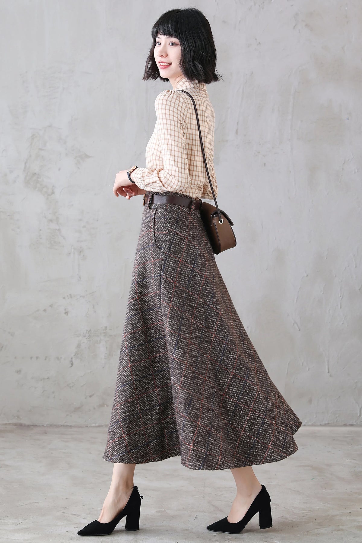 Coffee Plaid Wool Maxi Skirt - Retro Flared Ankle-Length 3119