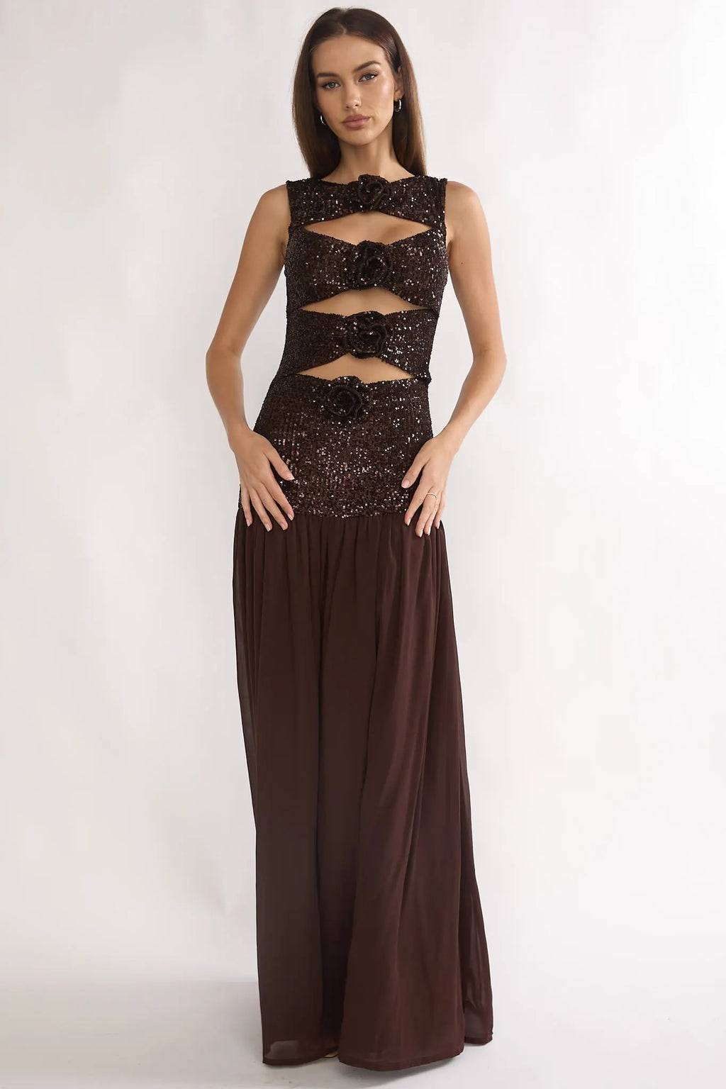 Dioris Sequin Maxi Dress Chocolate