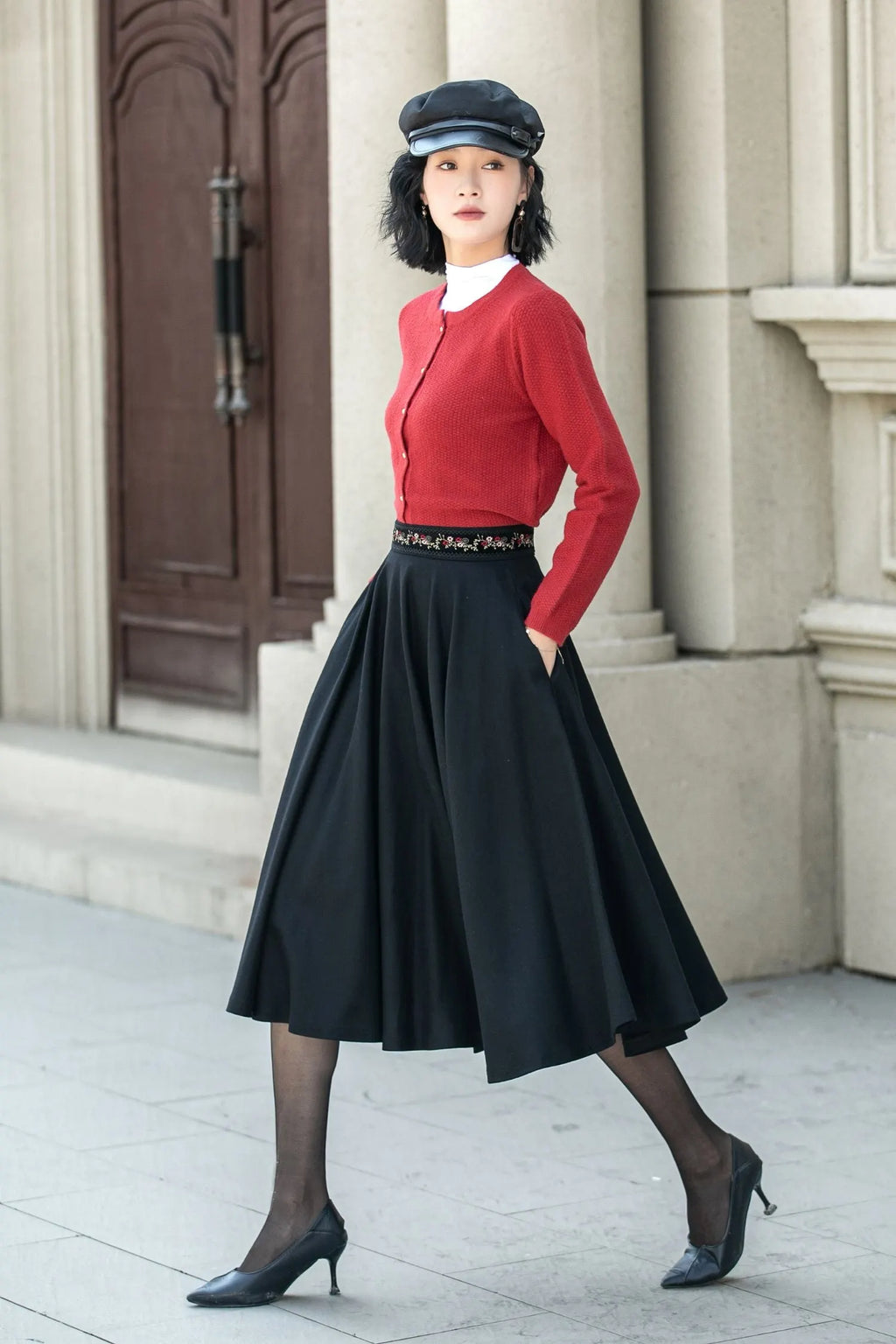 Black Wool Midi Skirt - Embroidered Waist A-Line Circle Skirt 5310
