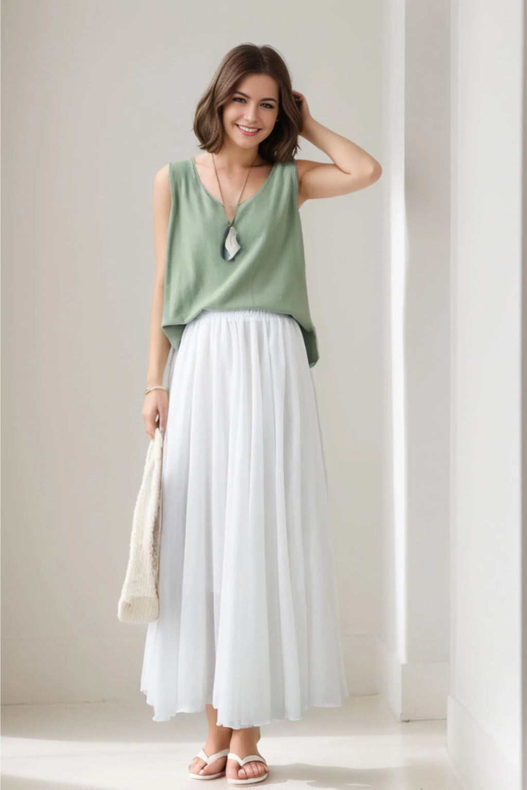 White Linen Maxi Swing Skirt, Pleated Elastic Waist 