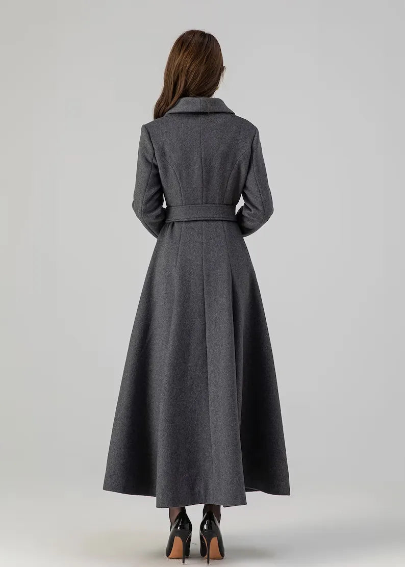 Vintage Gray Wool Blend Coat – Elegant Belted A-Line Maxi Coat 