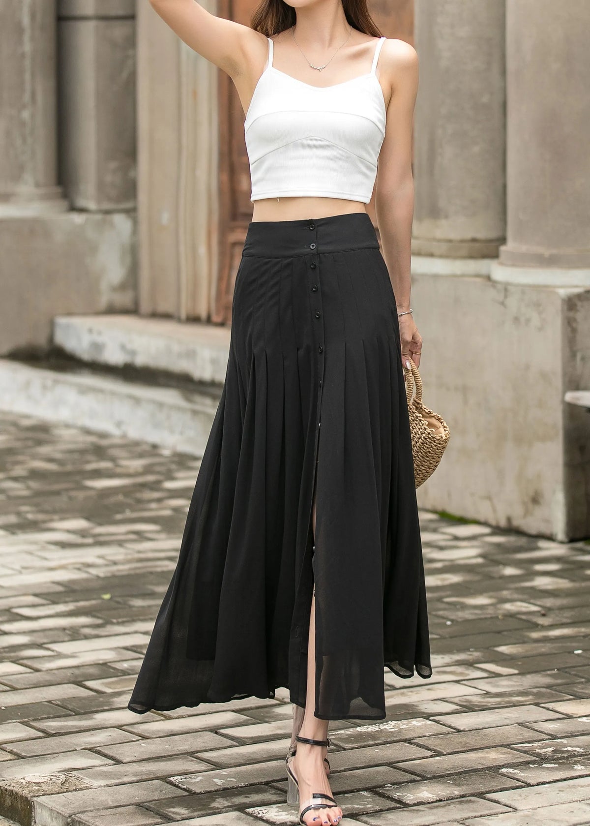 Black Chiffon Maxi Skirt - Pleated A-Line with Button Front Slit 3693