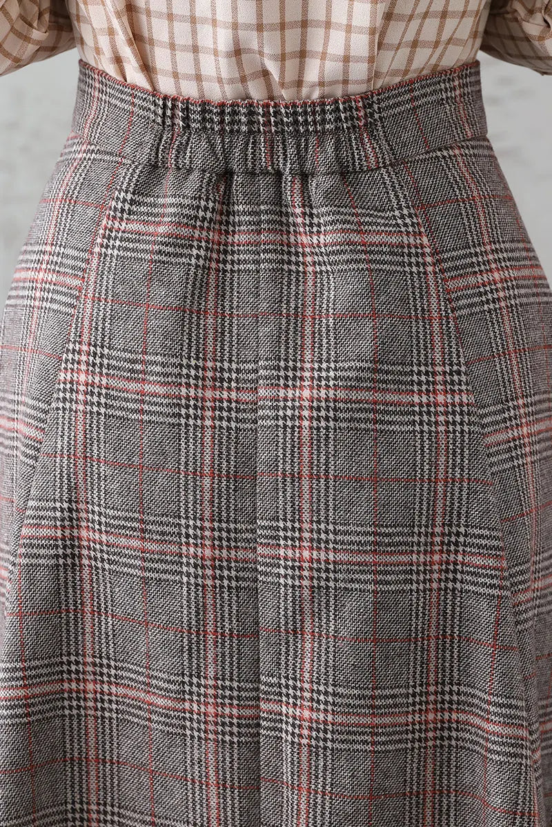 Plaid Wool Long Skirt - Retro Full Silhouette with Side Pockets 3837