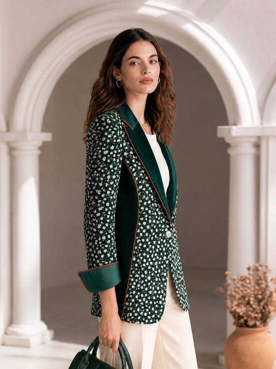 Vintage Velvet Trim Collar Ditsy Floral Print Emerald Green Blazer