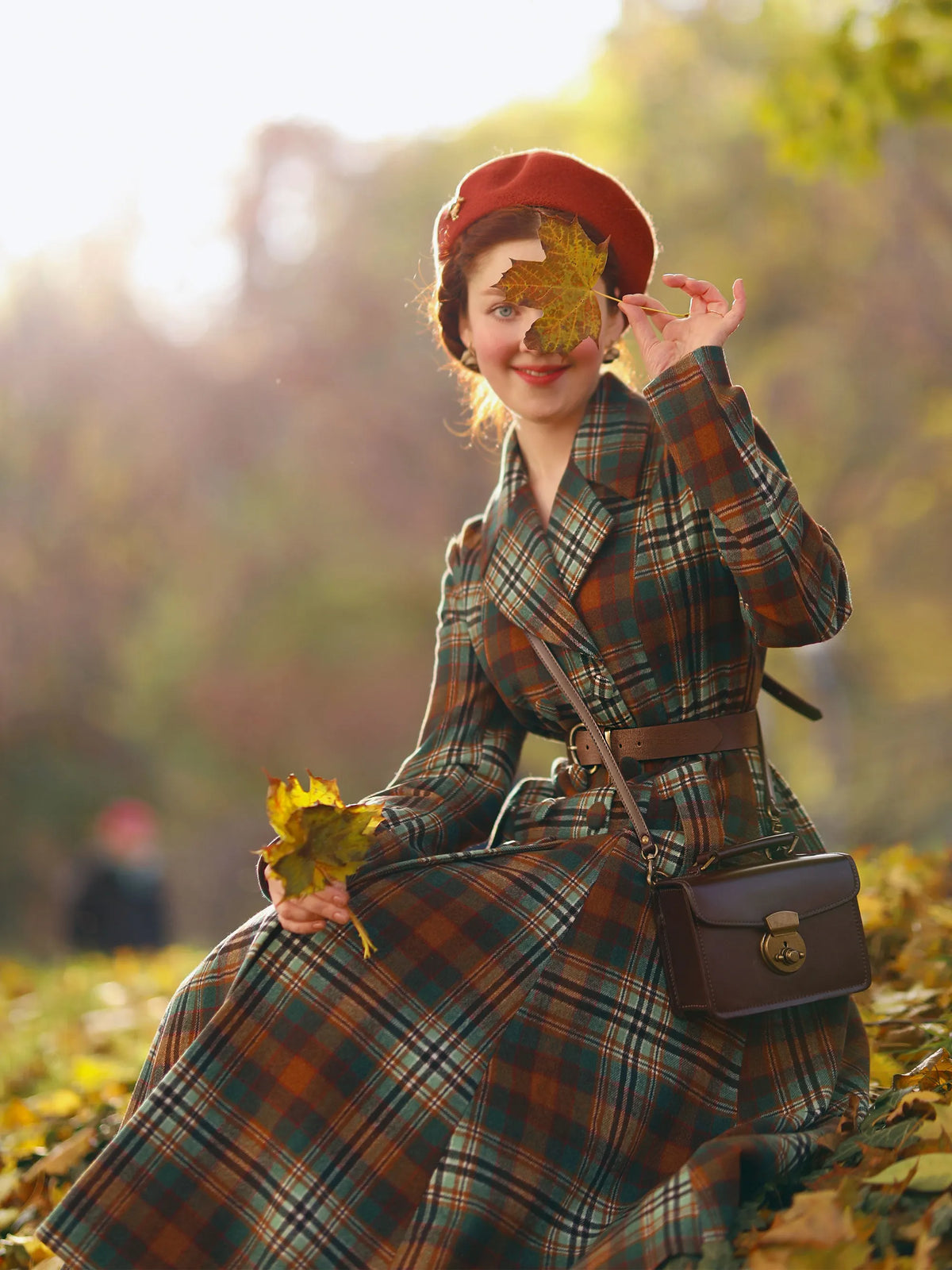 Plaid Wool Coat - Fit-and-Flare Double-Breasted Long Overcoat 4730
