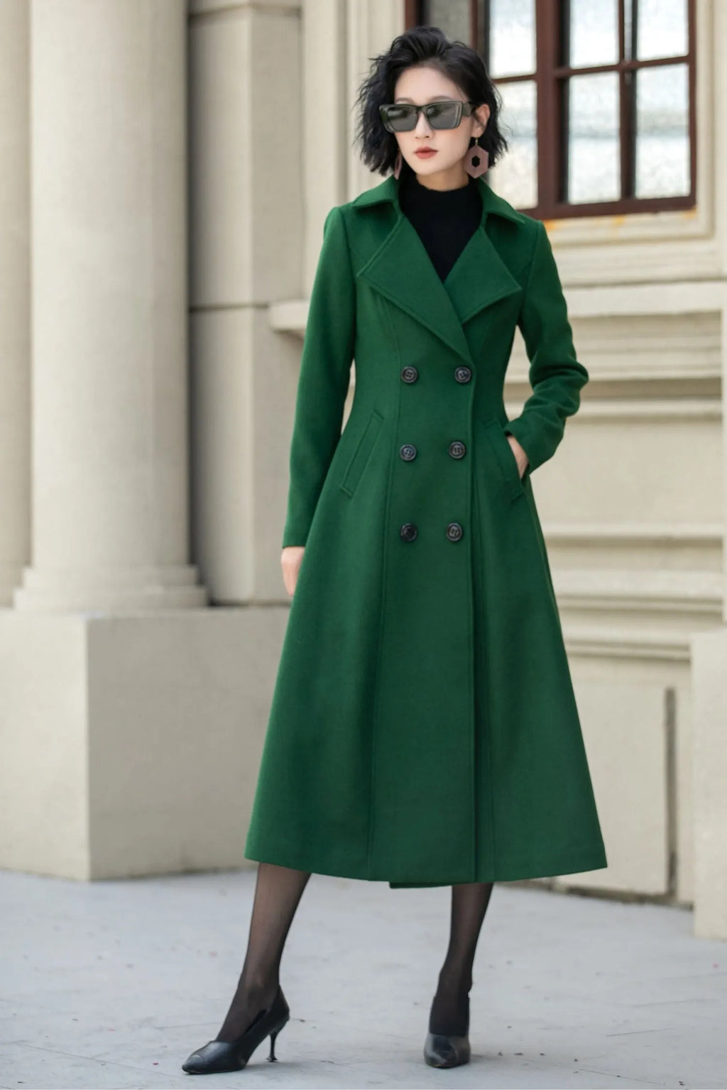 Green Wool Midi Coat - Double Breasted Tailored Fit 5349