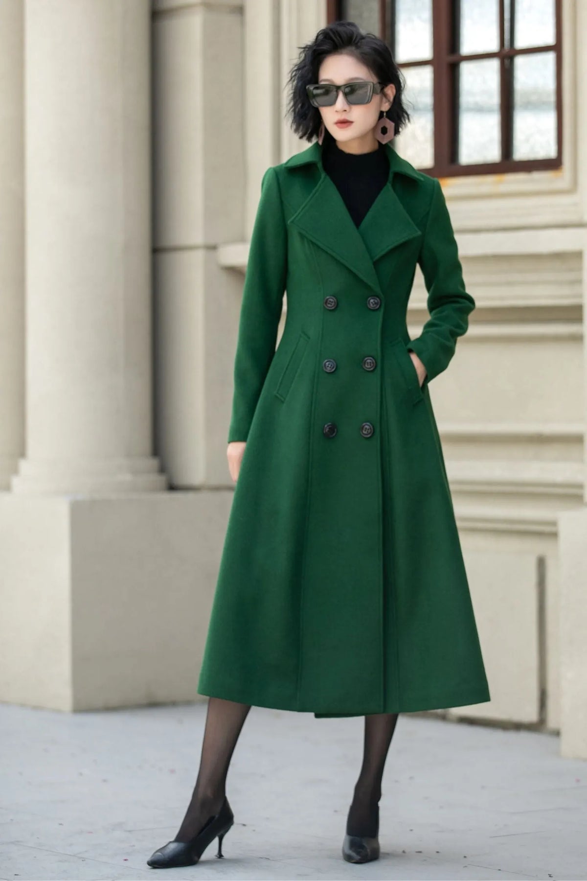 Green Wool Midi Coat - Double Breasted Tailored Fit 5349