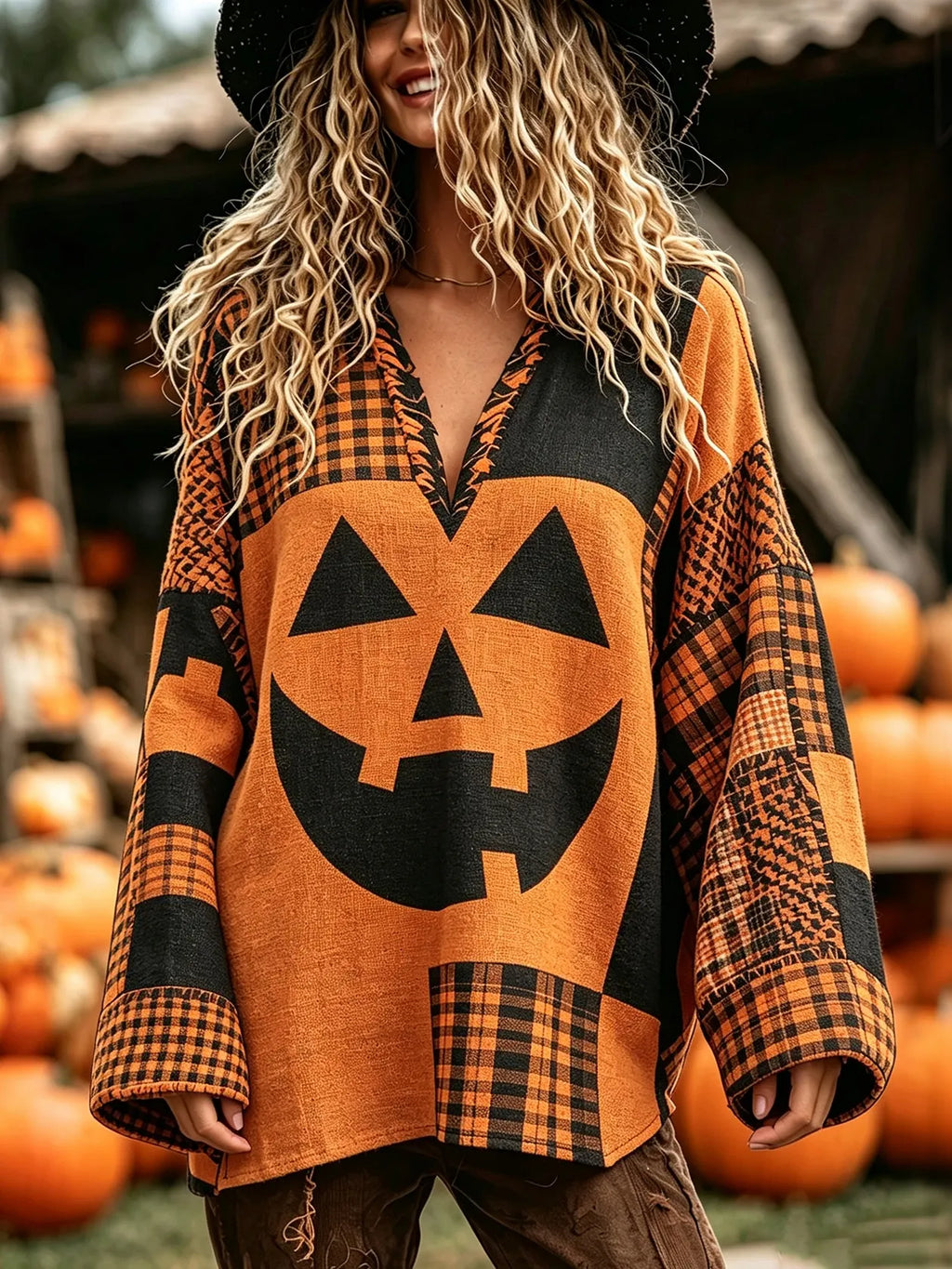 Women's Vintage Halloween Pumpkin Face Art Casual Long Sleeve Tops