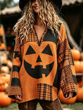 Women's Vintage Halloween Pumpkin Face Art Casual Long Sleeve Tops