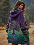 Women's Viking Floral And Life Of Tree Art Knitted Cozy Hooded Cardigan