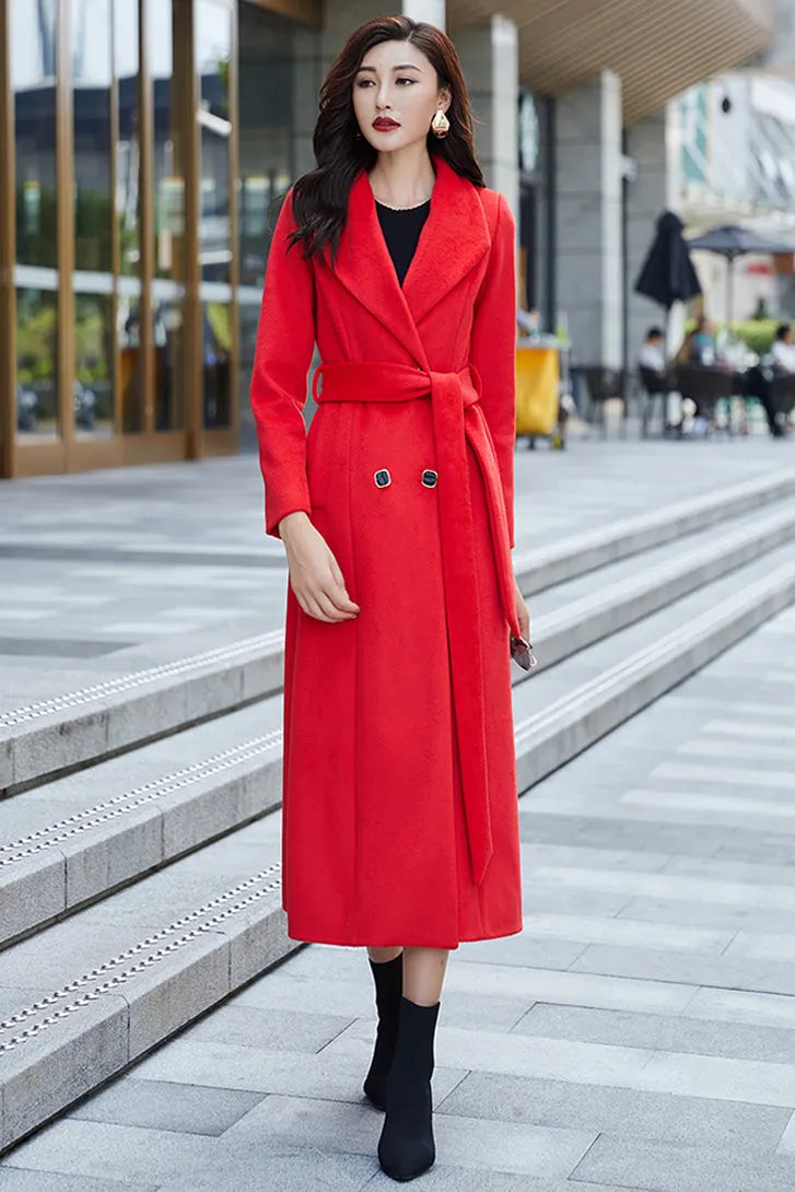 Red Wool Coat – Handmade Long Double Breasted Belted Winter Overcoat for Women 3975