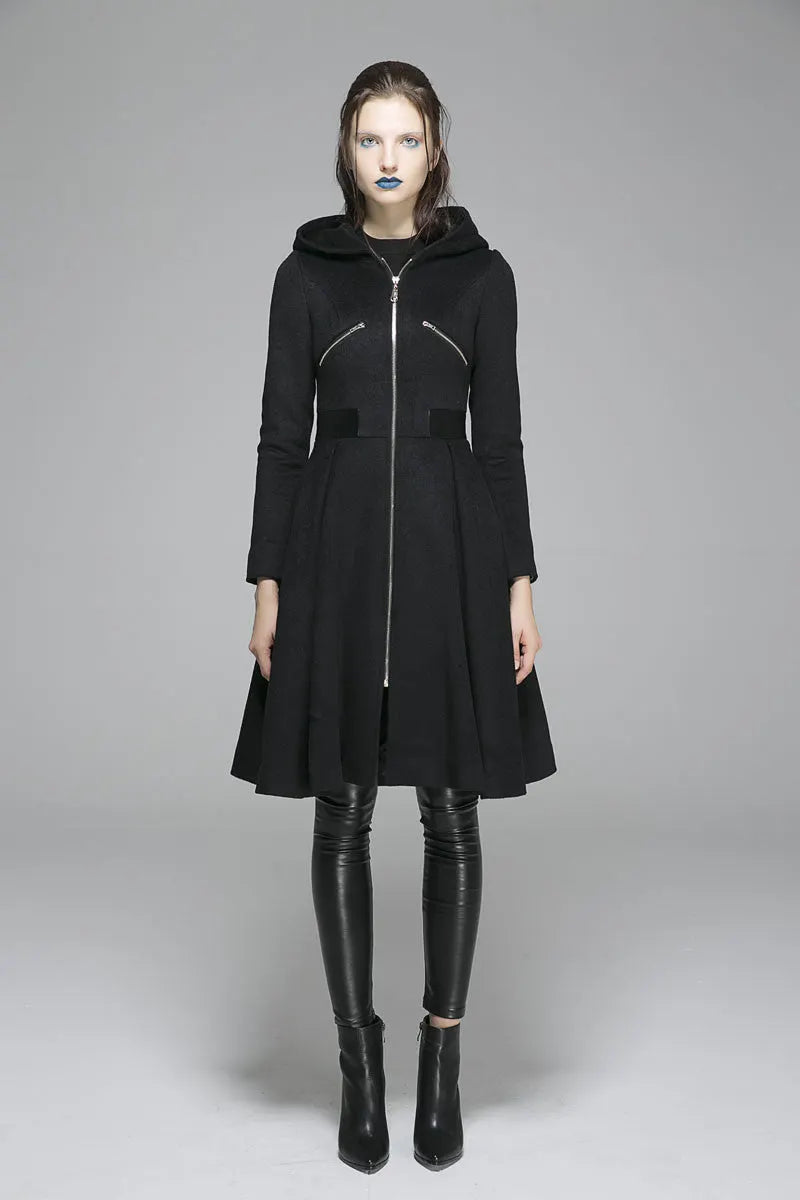 Black Wool Hooded Winter Coat – Handmade Retro Zipper Jacket 1361