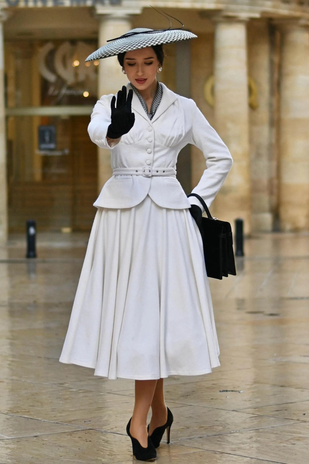 White Wool Blend Skirt Set - A-line Midi 