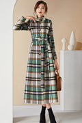 Handmade Green Plaid Wool Coat – Elegant Belted High Neck Long Overcoat 