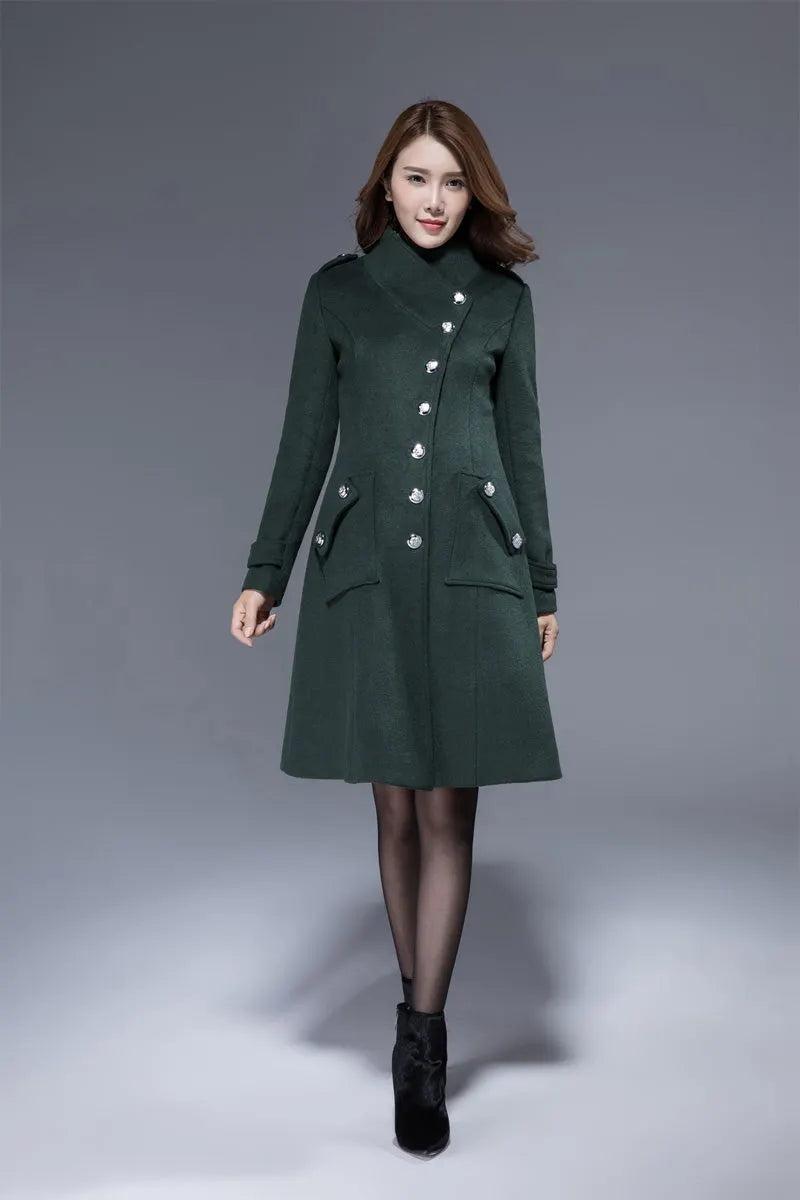 Xiaolizi Dark Green Wool Coat for Women – Handmade Knee-Length Asymmetrical Winter Coat 1821