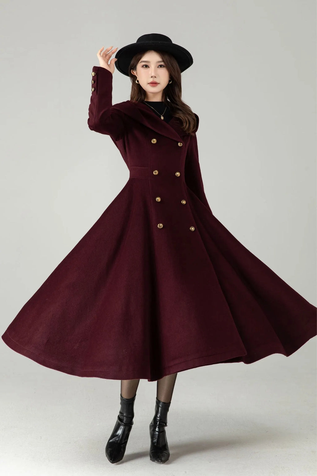 Hooded Burgundy Wool Coat – Elegant Double-Breasted Long Swing Coat 