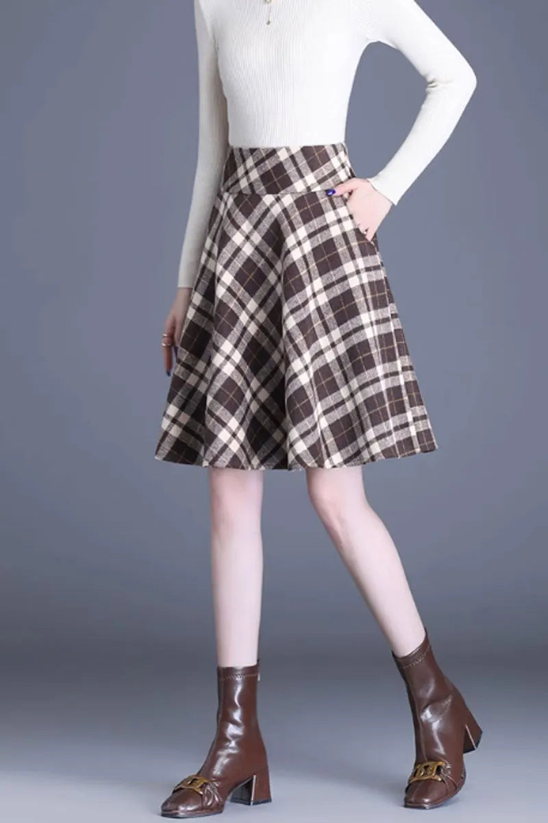 Brown Wool A-Line Skirt with Wide Waistband - Flattering Silhouette 4653