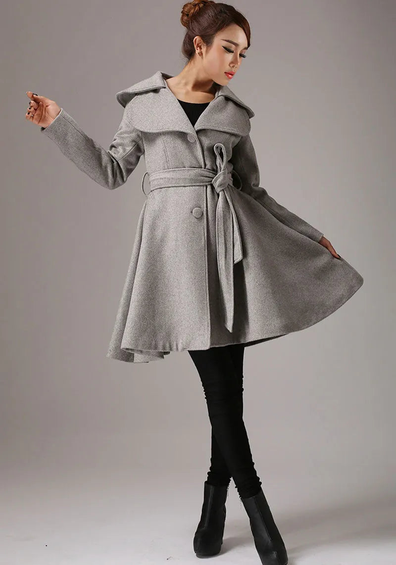 Wool Coat Dress – Vintage Fit and Flare Winter Overcoat with Belt 0336