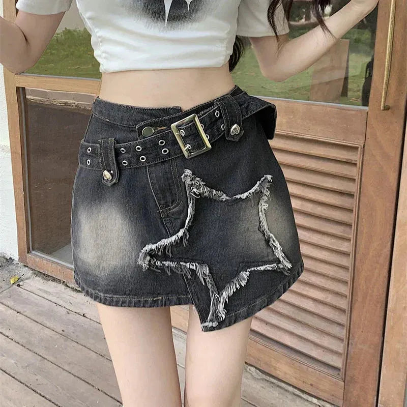 Vintage Black Mini Irregular Belt Retro Skirt