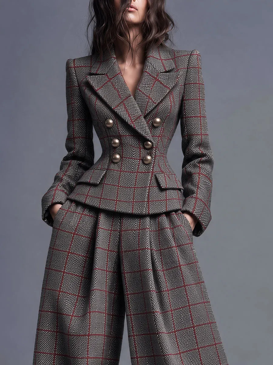 Retro Tailored Double-Breasted Plaid Blazer