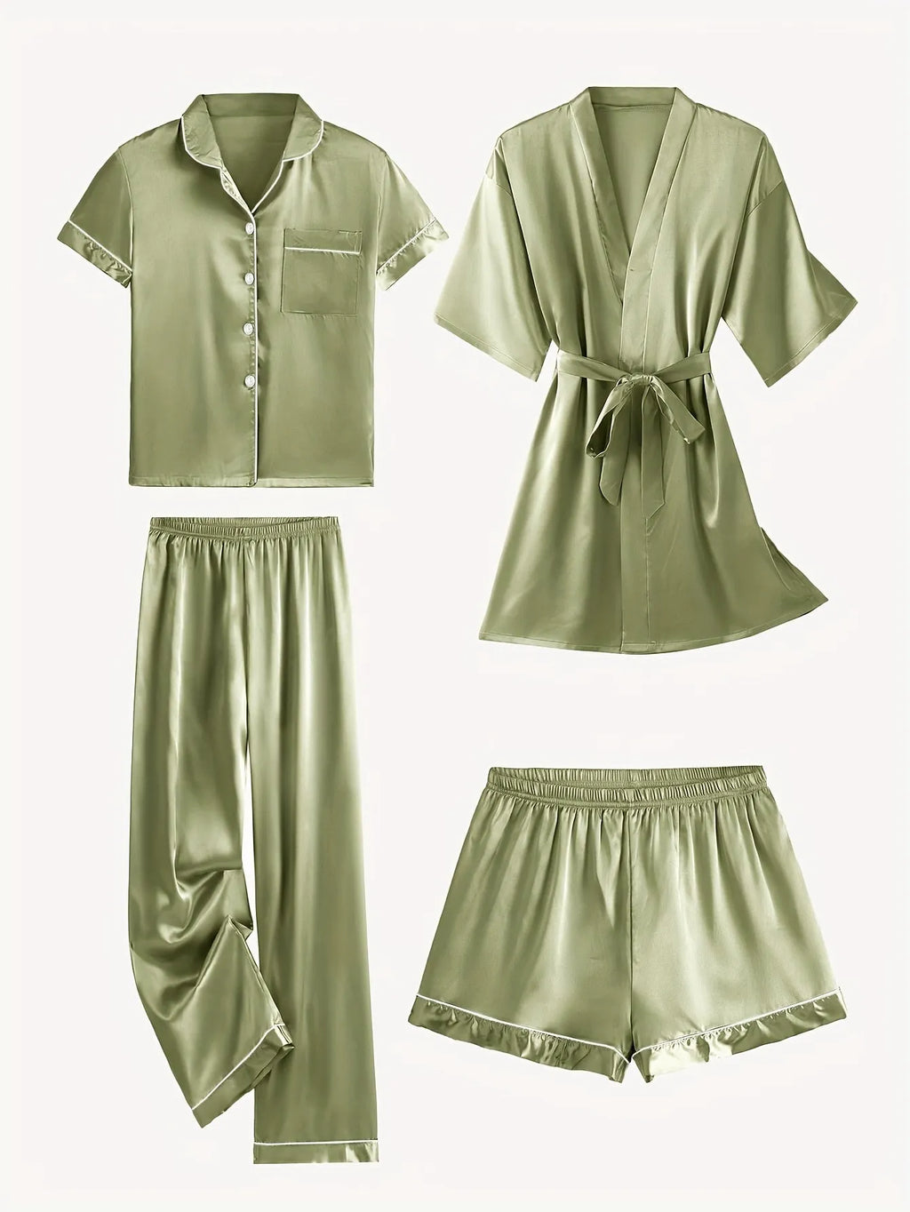 Juliette | 4-Piece Solid Satin Pajama Mid-Sleeve Robe Set