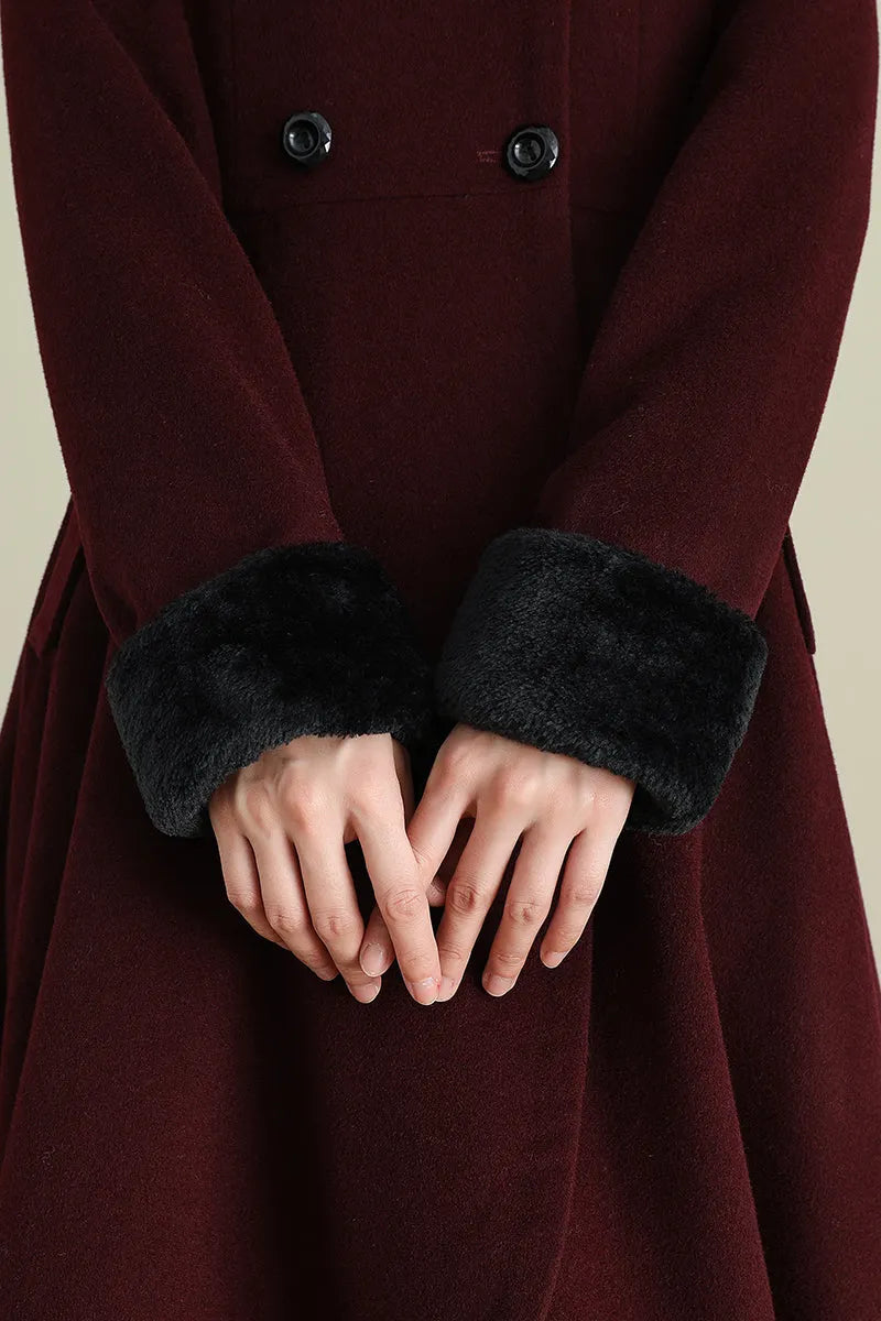 Xiaolizi Vintage Burgundy Wool Coat for Women – Handmade A-line High-Low Winter Coat with Faux Fur Collar 3895