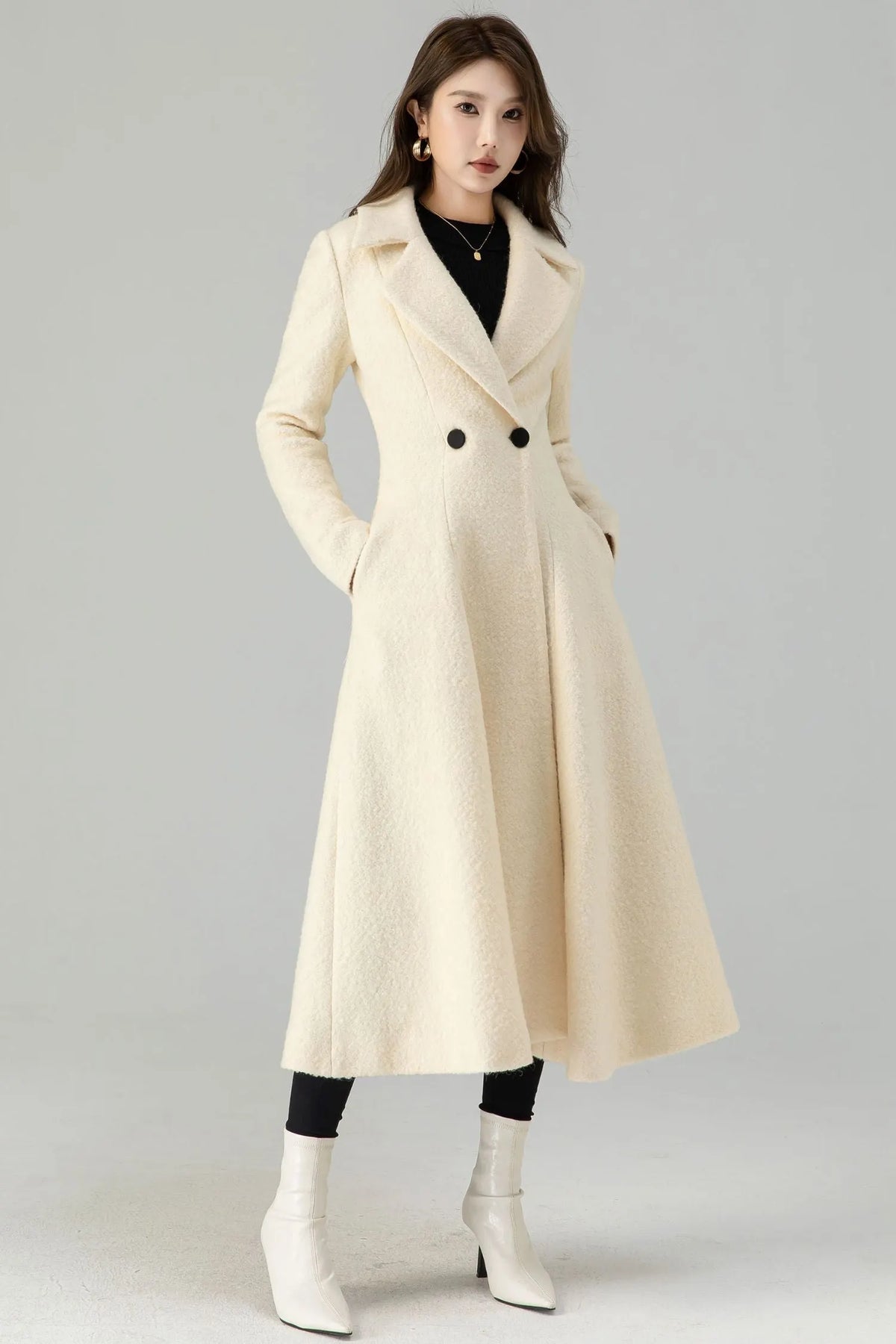 Off White Wool Maxi Coat - Fit and Flare Double Breasted 4559