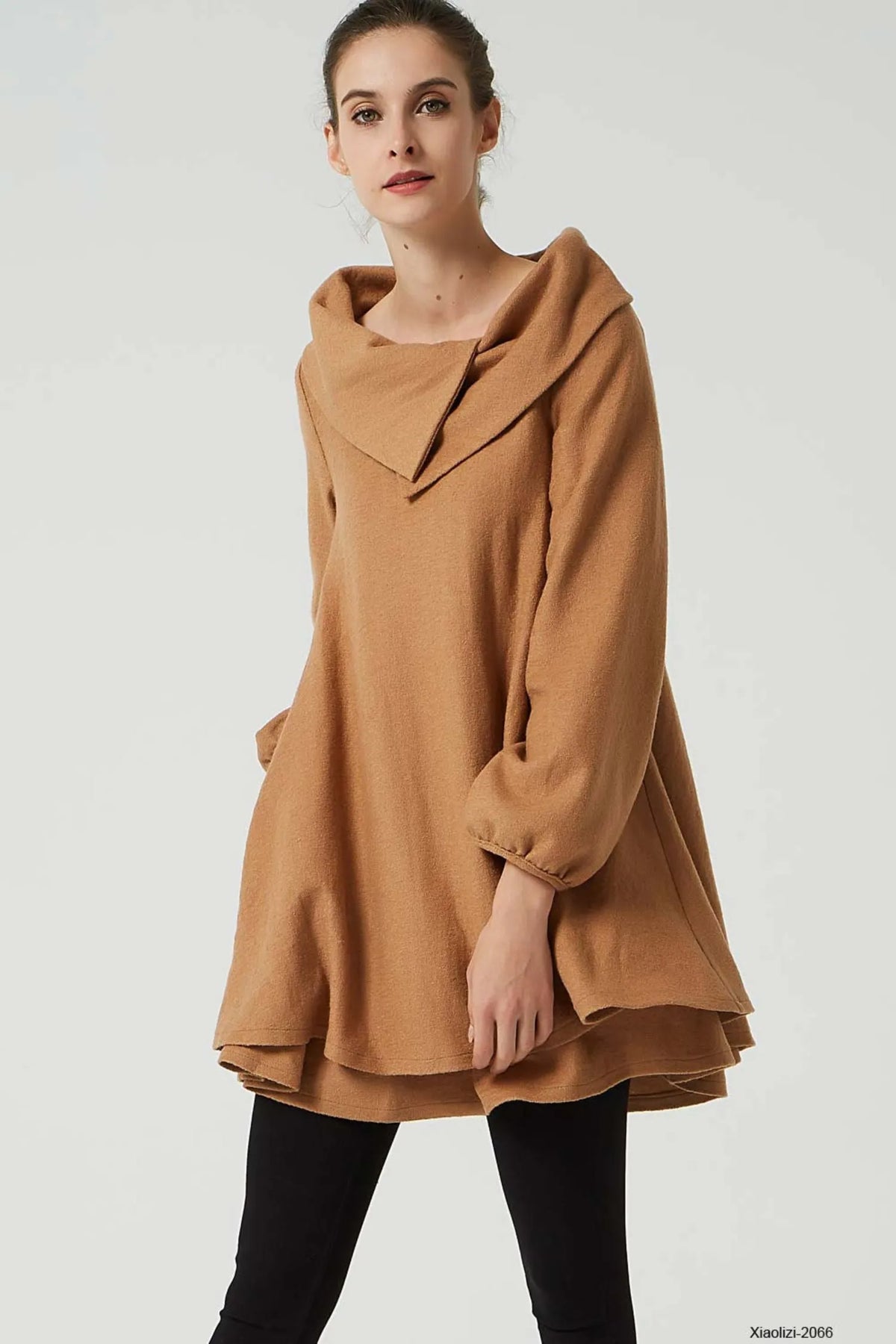 Camel Wool Tunic Dress - Oversized Silhouette with Asymmetrical Collar 2066