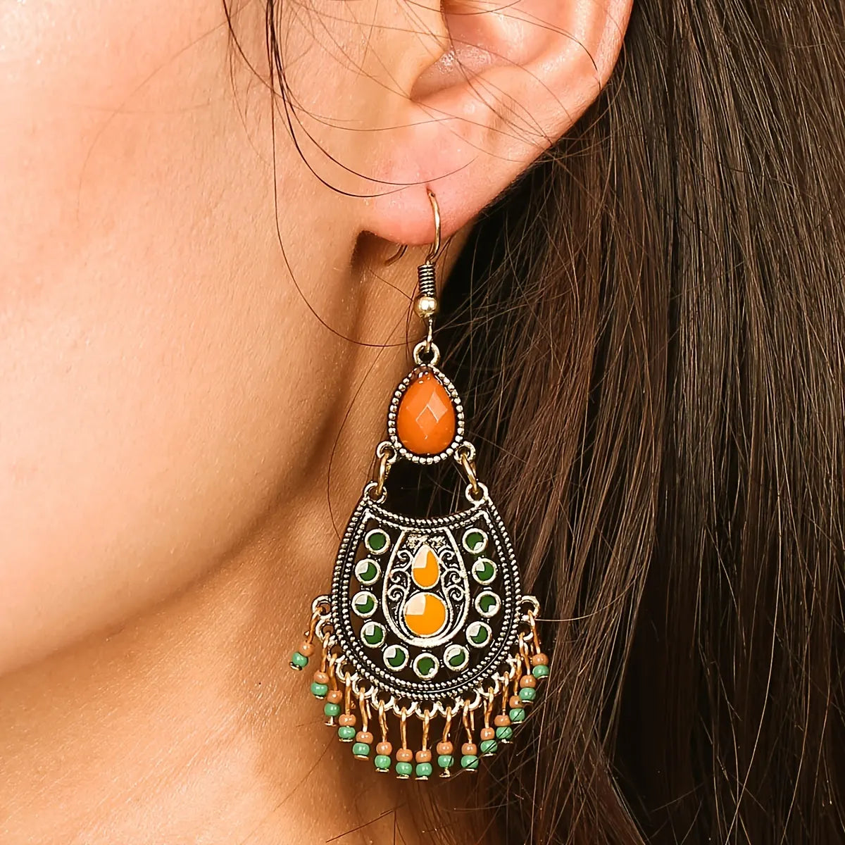 Bohemian Birthstone Beaded Tassel Drop Dangle Earrings Silver Plated Vintage Decor Party Holiday Gift For Women 1Pair