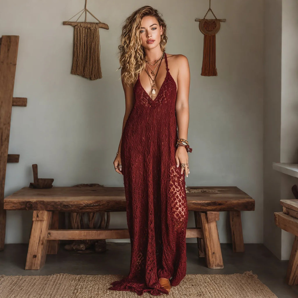 Elegant, Super Loose, Breathable Lace Halter Neck Long Dress