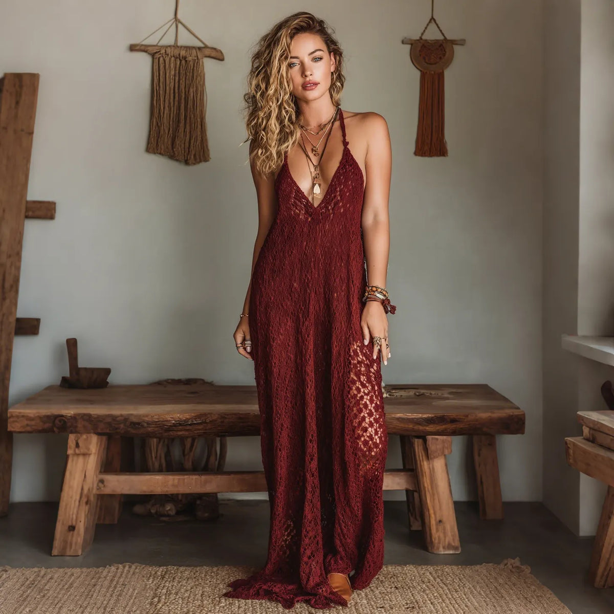 Elegant, Super Loose, Breathable Lace Halter Neck Long Dress