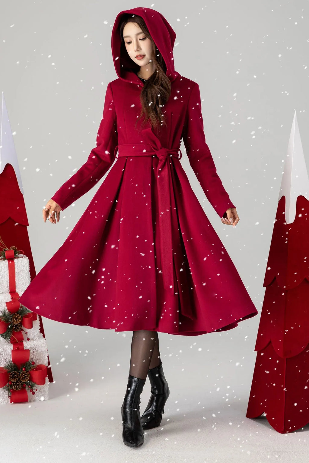 Red Wool Hooded Coat - Princess Silhouette with Belted Waist 6295