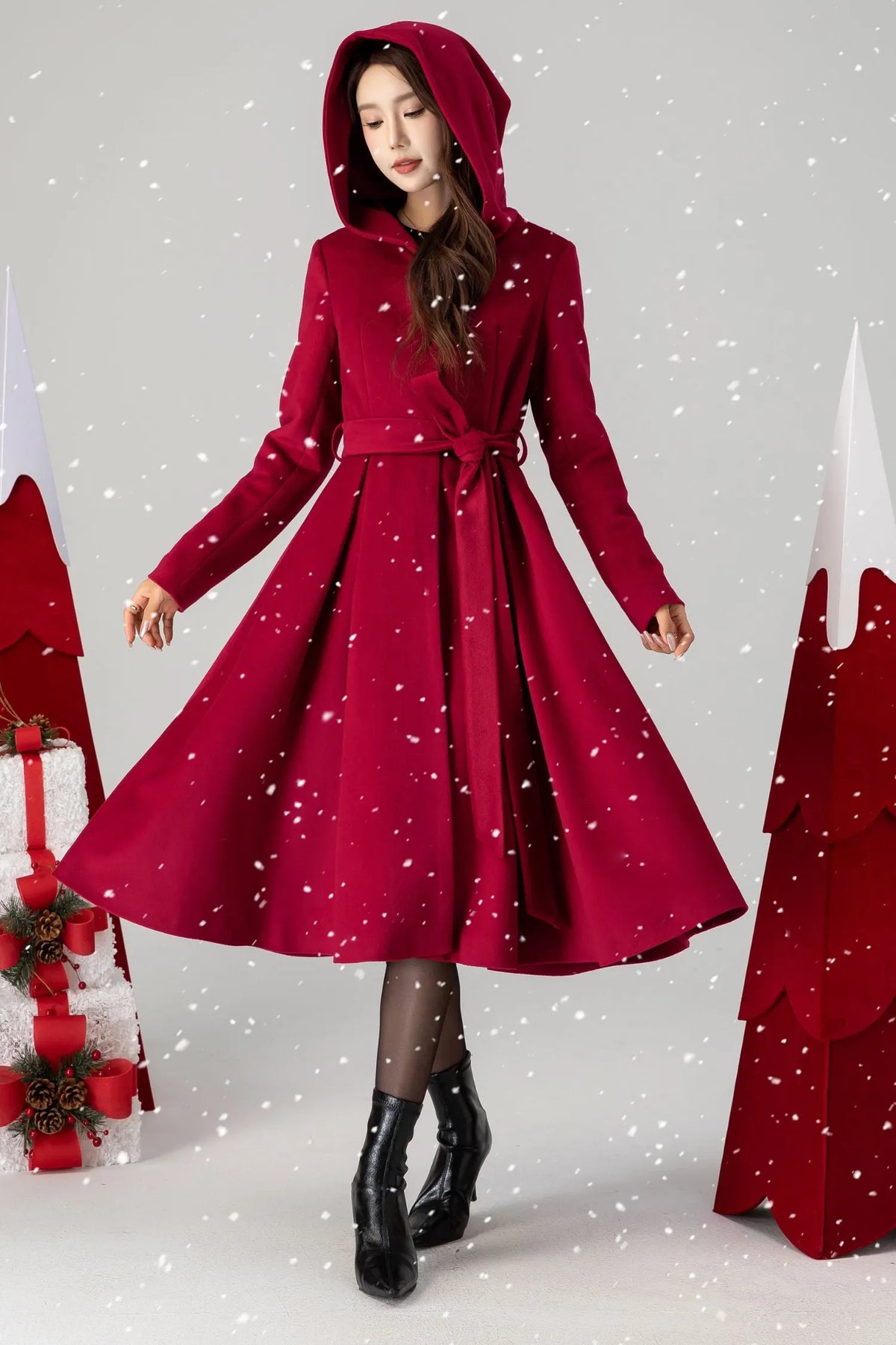 Red Wool Hooded Coat - Princess Silhouette with Belted Waist 6295