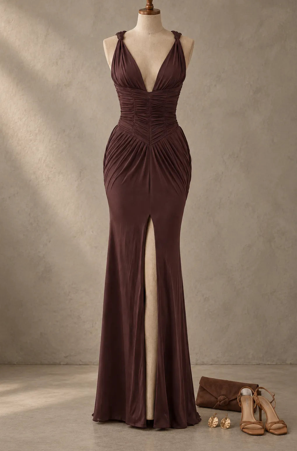 Brown Ruched Halter High Slit Maxi Dress